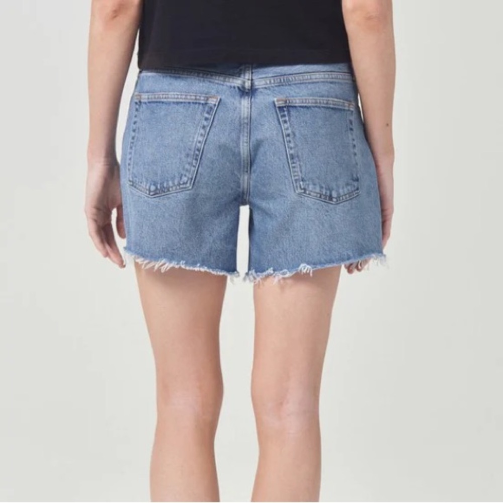 Agolde Parker Long Shorts in Skywave Medium Blue Wash Distressed Denim Shorts - Picture 3 of 12